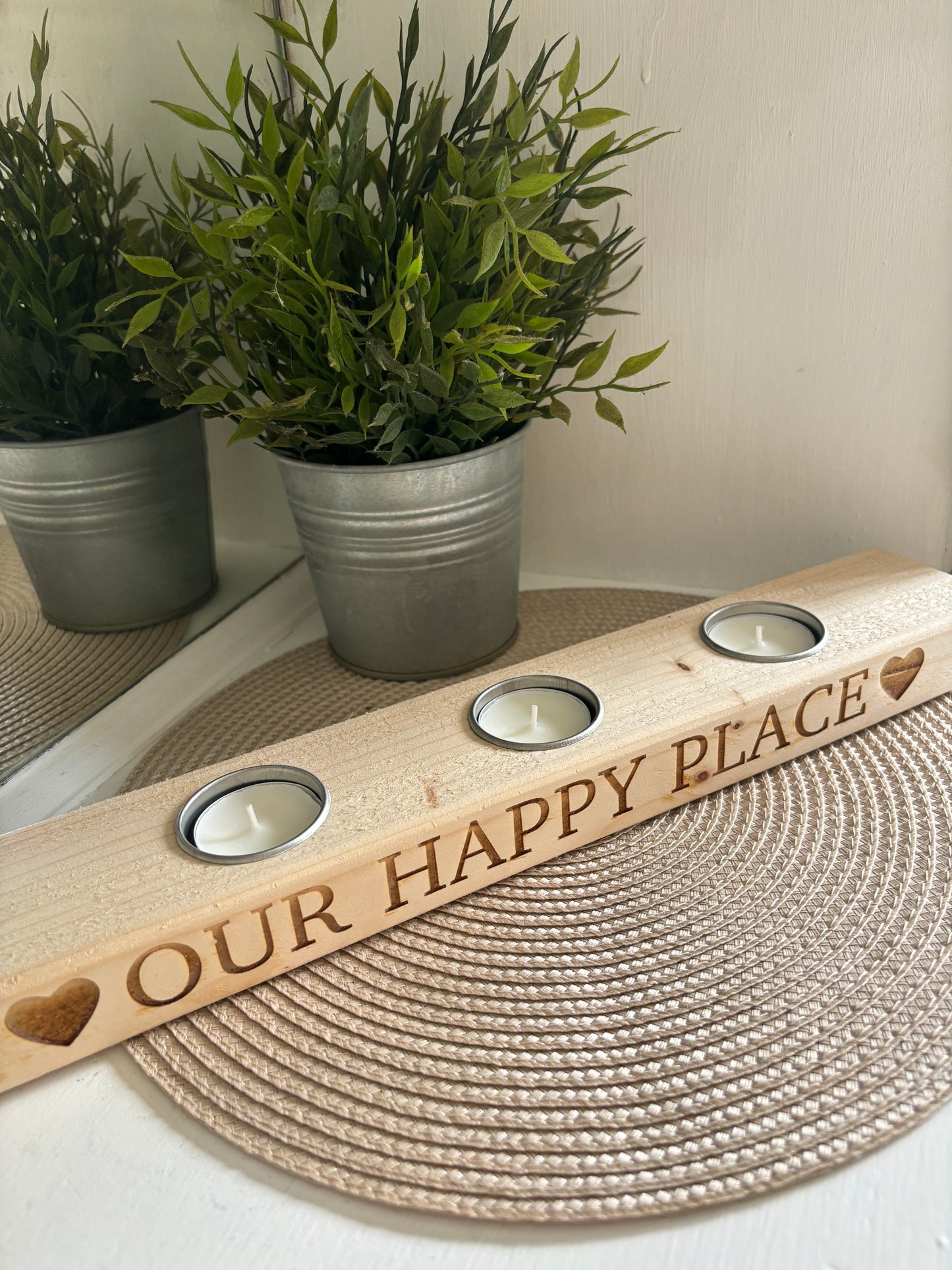‘Our Happy Place’ Tea Light Candle Holder in Natural