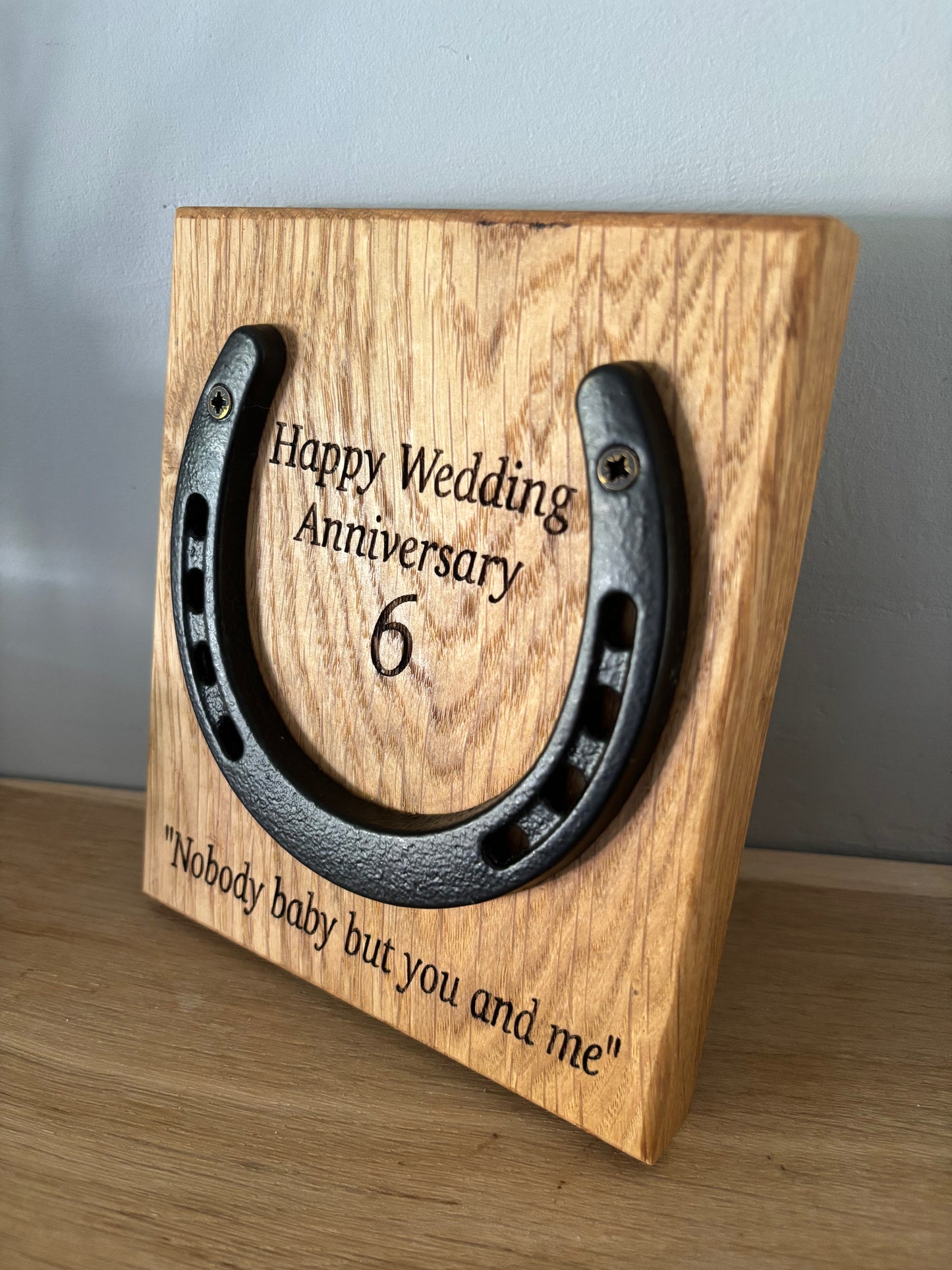 Personalised Anniversary Wedding Iron Horseshoe Oak Plaque
