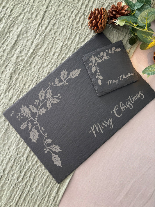 Personalised Slate Holly Merry Christmas Placemat & Coaster