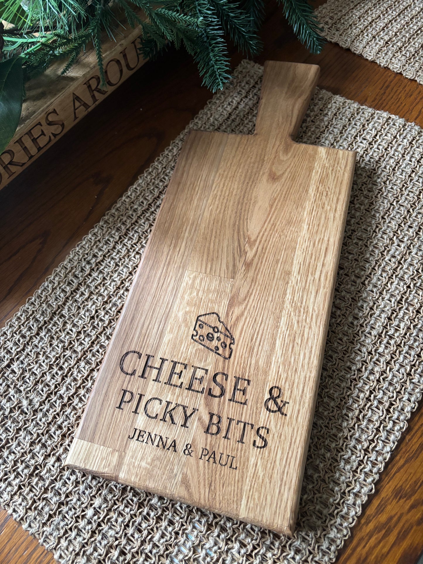 Personalised Block Oak Christmas Cheese  and Picky Bits Paddle Board