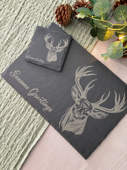 Personalised Slate Stag Christmas Placemat & Coaster