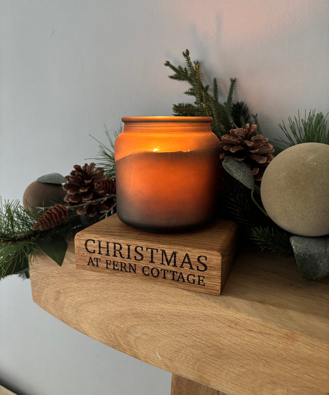 Engraved Oak Candle Block Holder Stand