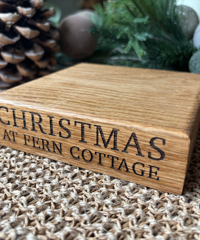 Engraved Oak Candle Block Holder Stand