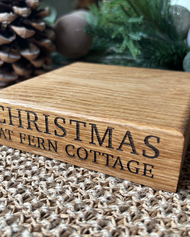 Engraved Oak Candle Block Holder Stand