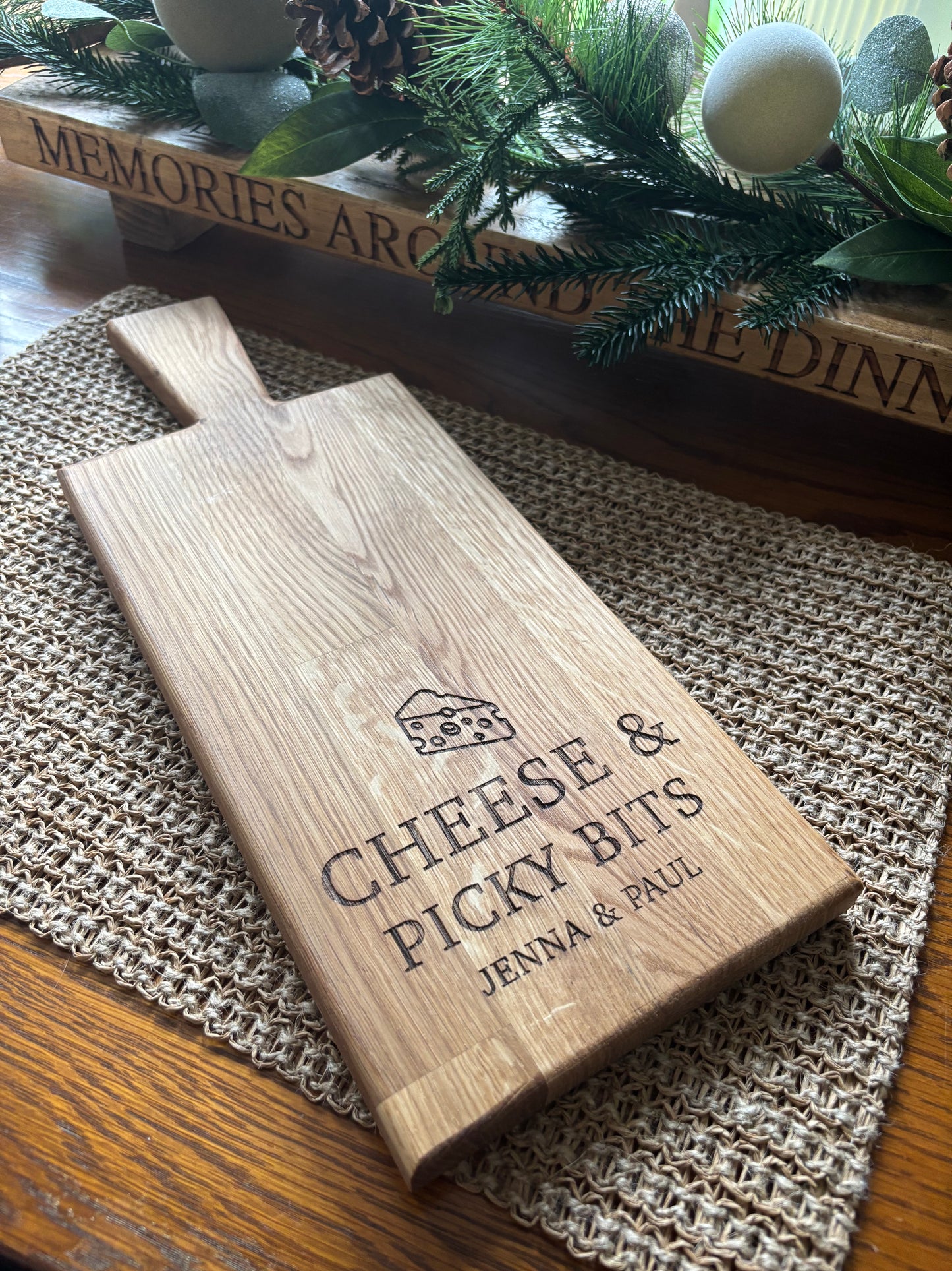 Personalised Block Oak Christmas Cheese  and Picky Bits Paddle Board
