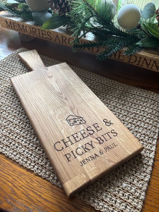 Personalised Block Oak Christmas Cheese  and Picky Bits Paddle Board