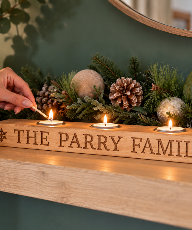 A wooden Christmas mantel candle holder engraved with 'THE PARRY FAMILY' and snowflake details, holding three lit tea light candles on a fireplace mantel with festive greenery and ornaments. A person's hands are shown lighting one of the candles.