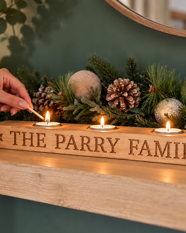 A wooden Christmas mantel candle holder engraved with 'THE PARRY FAMILY' and snowflake details, holding three lit tea light candles on a fireplace mantel with festive greenery and ornaments. A person's hands are shown lighting one of the candles.