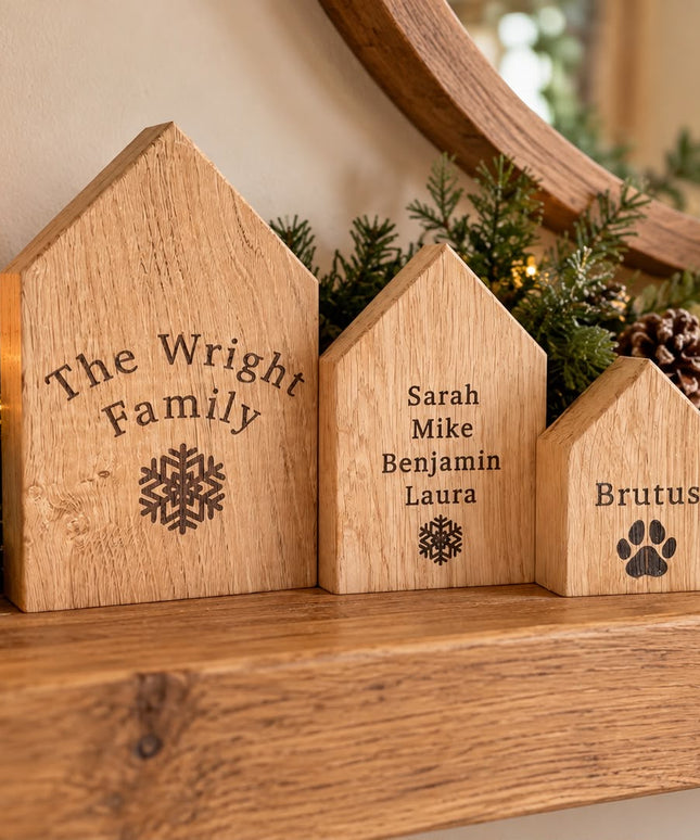 Personalised Solid Oak Christmas Houses, Set of Three