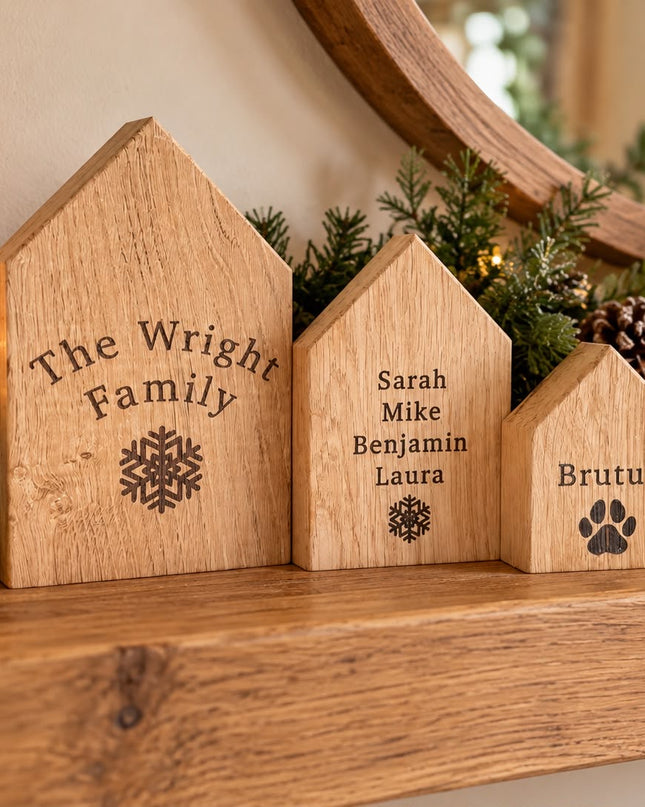 Personalised Solid Oak Christmas Houses, Set of Three