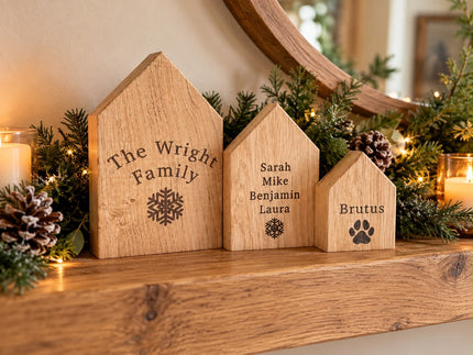 Personalised Solid Oak Christmas Houses, Set of Three