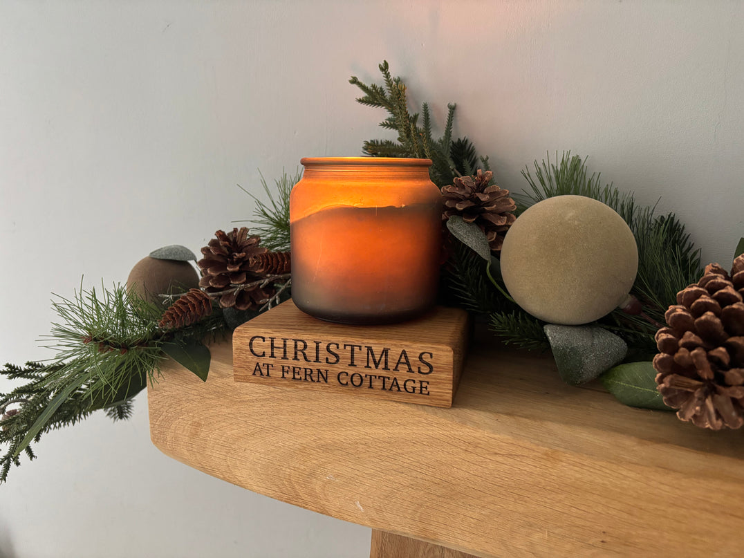 Engraved Oak Candle Block Holder Stand