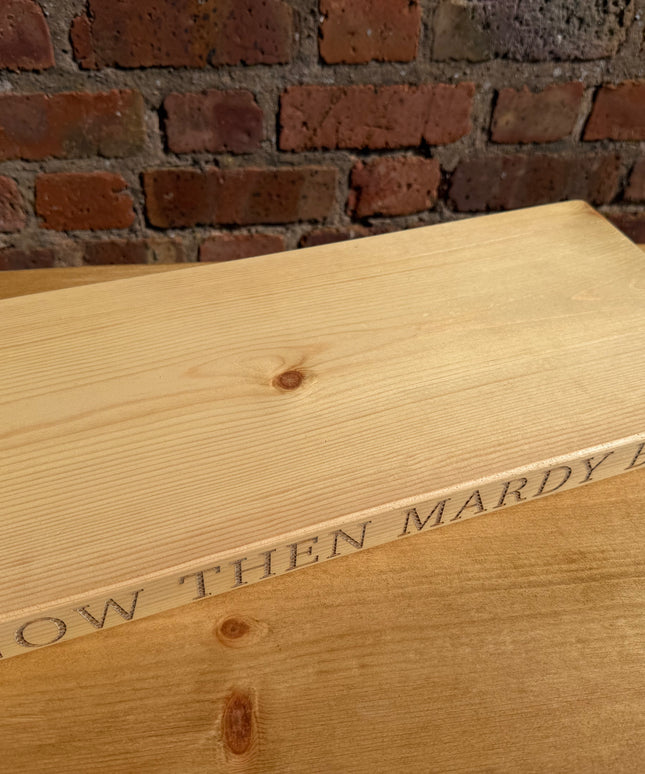 ‘Now then mardy bum’ engraved shelf