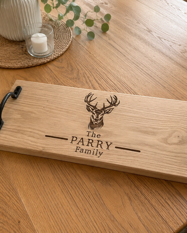 Personalised Oak Stag Family Design Handle Serving Board