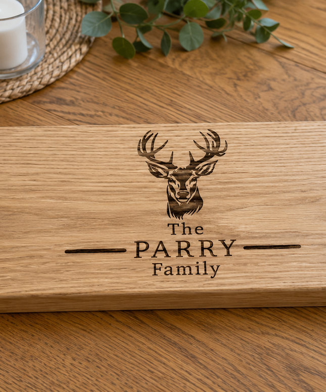 Personalised Oak Stag Family Design Handle Serving Board