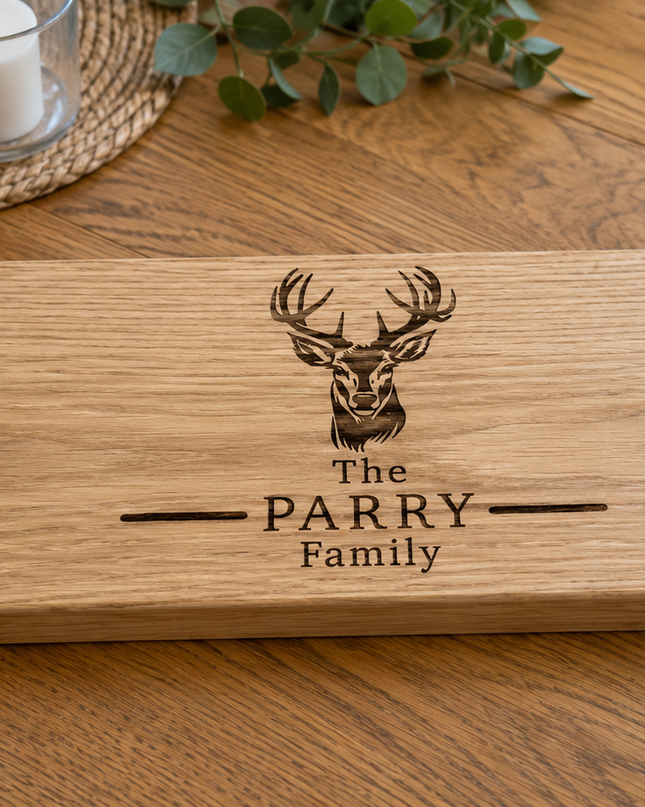 Personalised Oak Stag Family Design Handle Serving Board