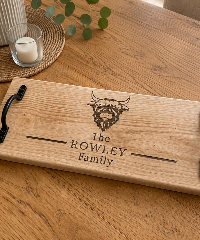 Personalised Highland Cow Family Design Handle Oak Serving Board