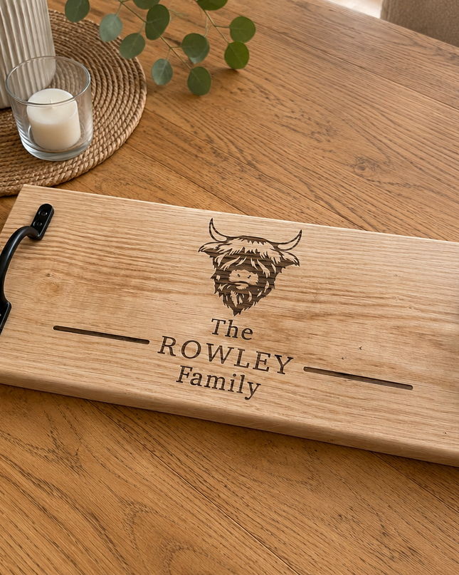 Personalised Highland Cow Family Design Handle Oak Serving Board