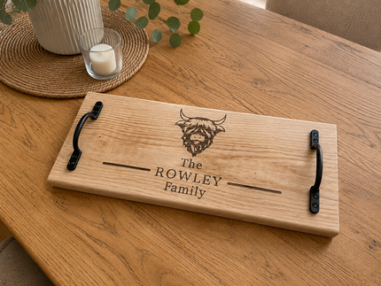Personalised Highland Cow Family Design Handle Oak Serving Board