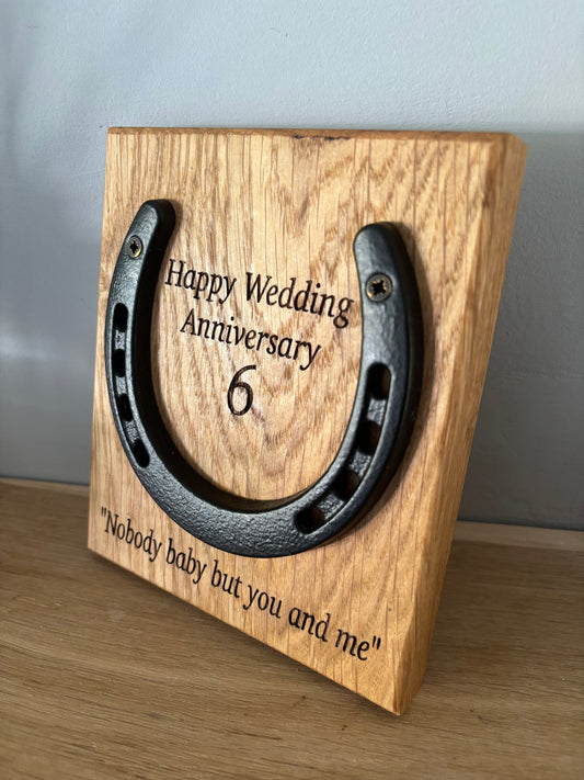 Personalised Anniversary Wedding Iron Horseshoe Oak Plaque