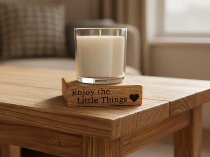 Coaster and candle on corner of side table