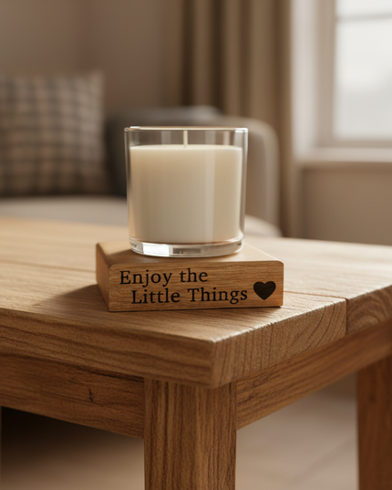 Coaster and candle on corner of side table
