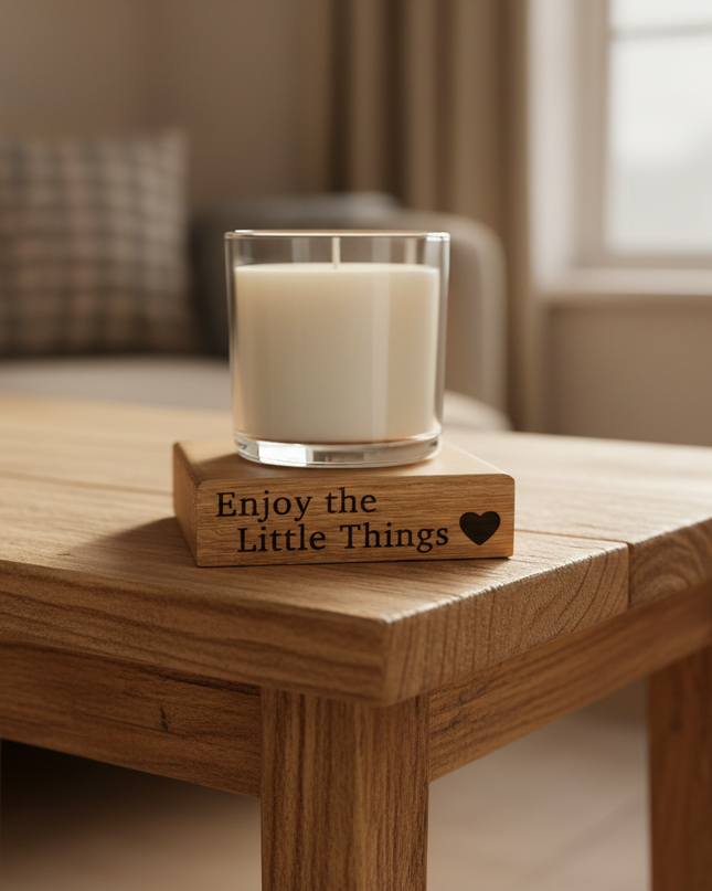 Coaster and candle on corner of side table