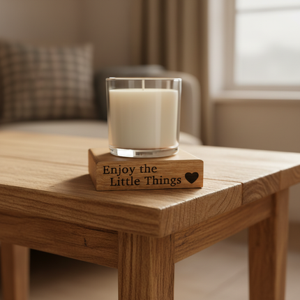 Coaster and candle on corner of side table
