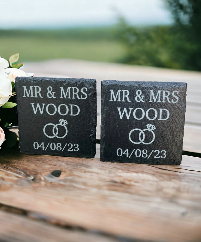 Set of 2 Personalised Wedding Slate Coasters The Rolling Cow